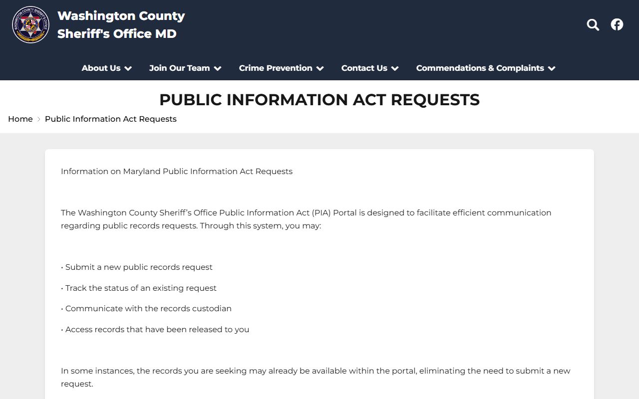 Washington County arrest records sheriff Public Information Act request information