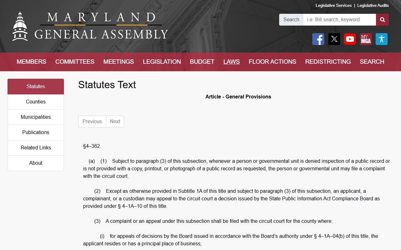 Washington County court dockets Maryland PIA judicial review provision