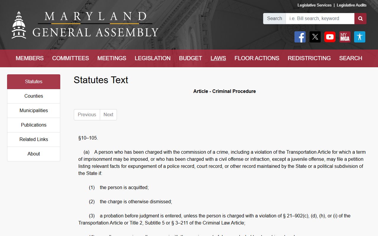 Washington County criminal court records Maryland adult expungement statute