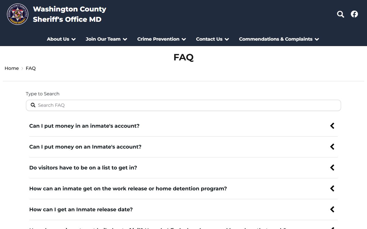 Washington County Detention Center FAQ about commissary and release dates