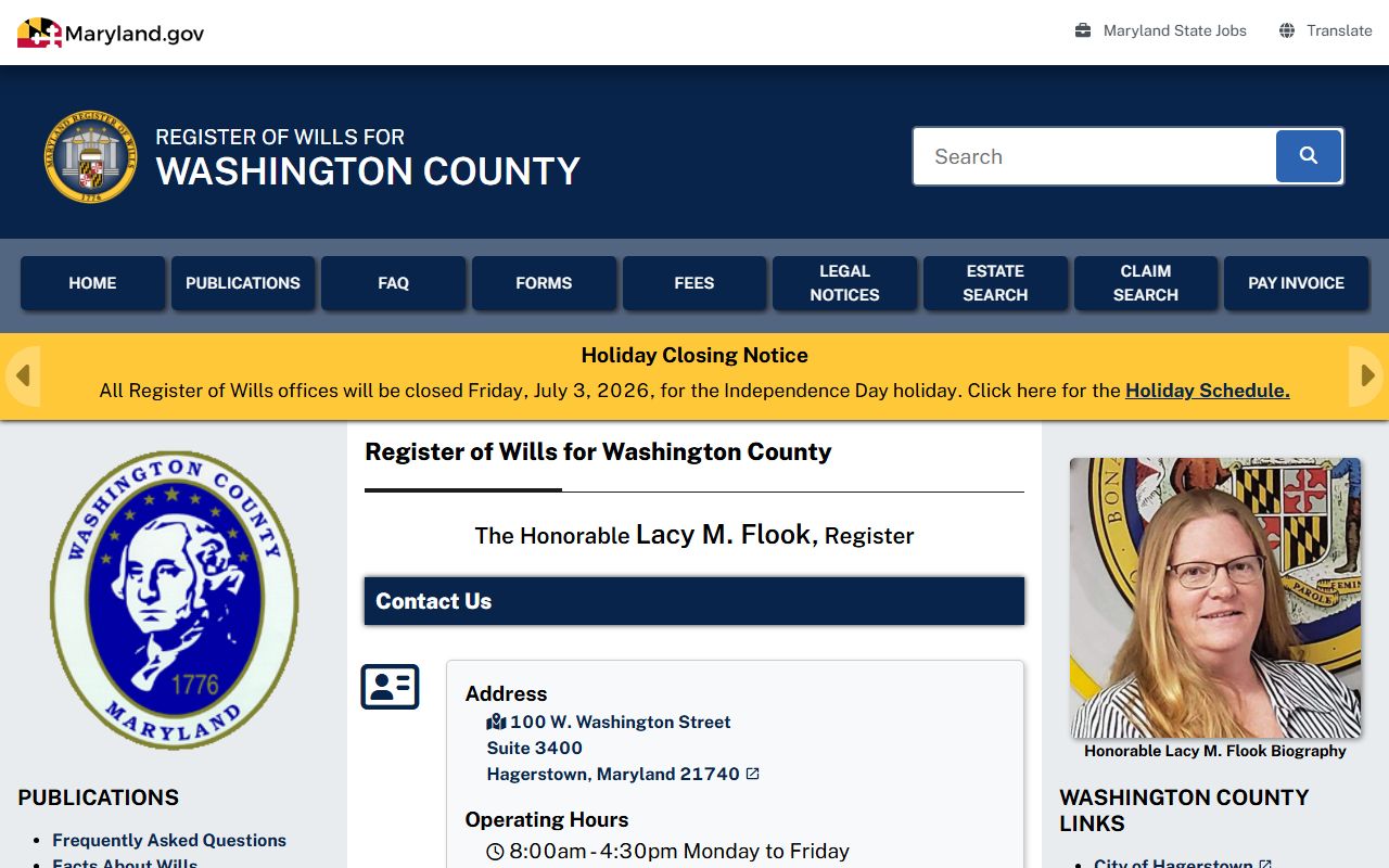 Washington County probate records Register of Wills office page