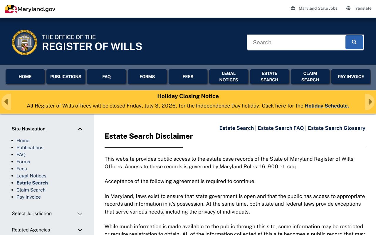 Washington County probate records Maryland Estate Search fields