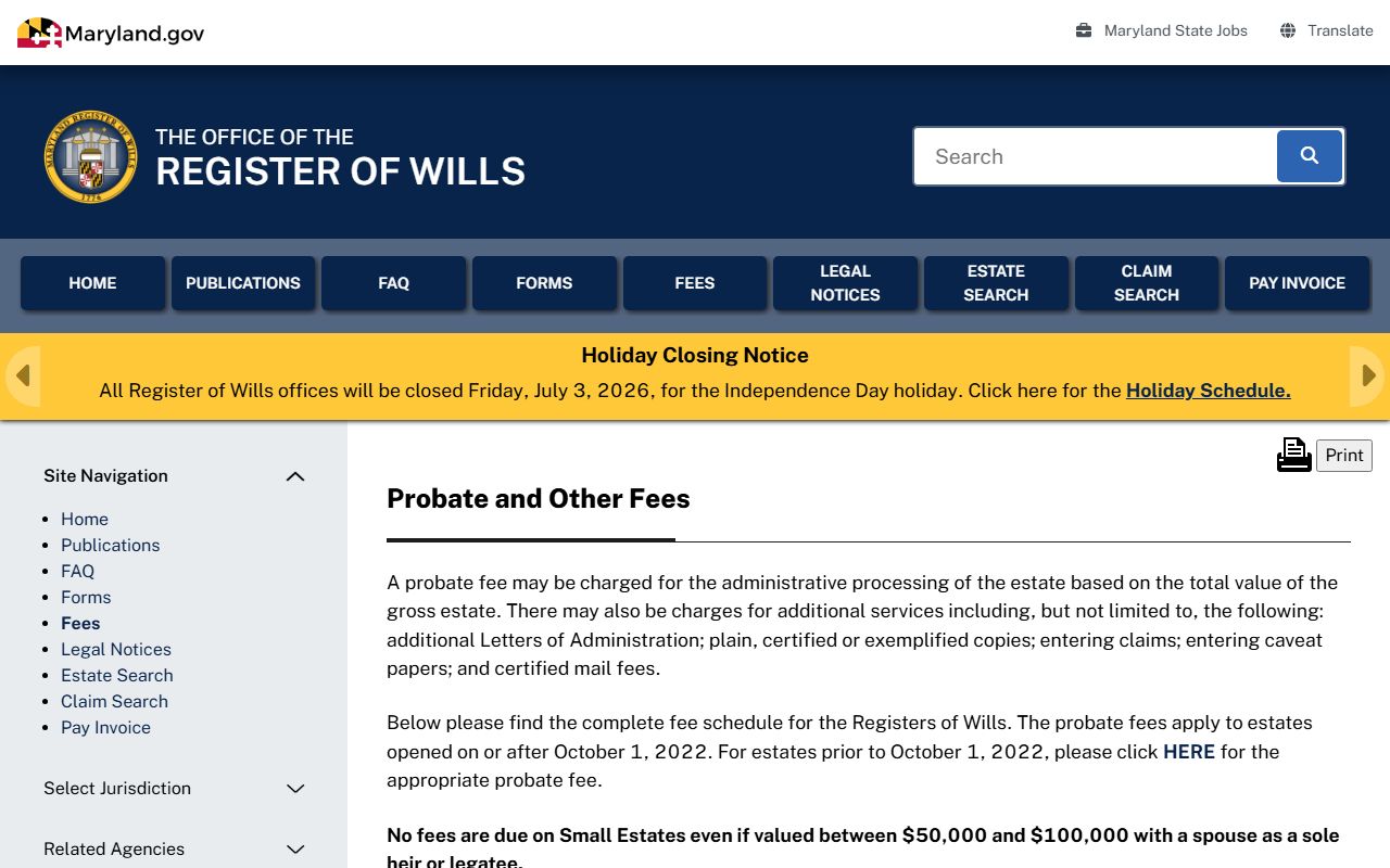 Washington County probate records Maryland probate fee schedule
