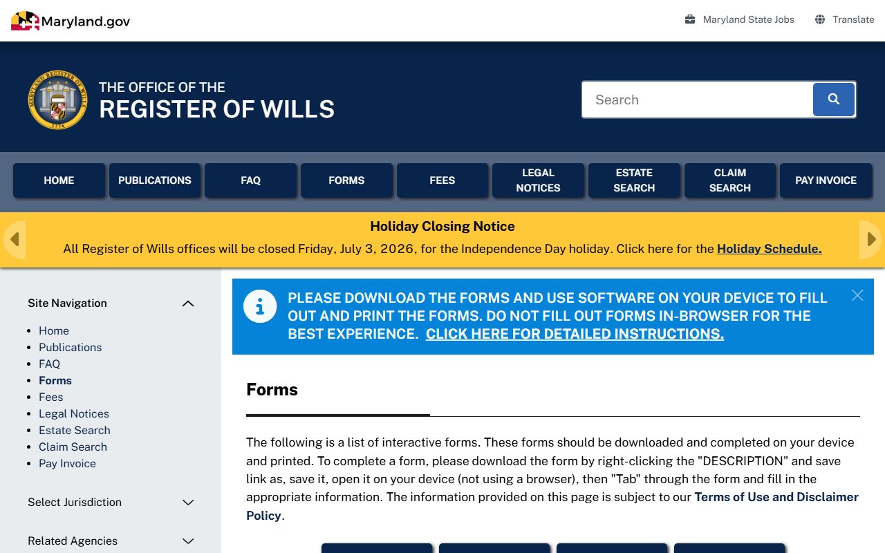 Washington County probate records Register of Wills forms