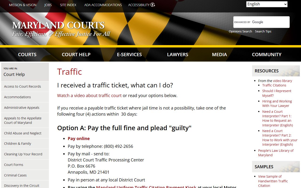 Washington County traffic court records Maryland Judiciary traffic help page