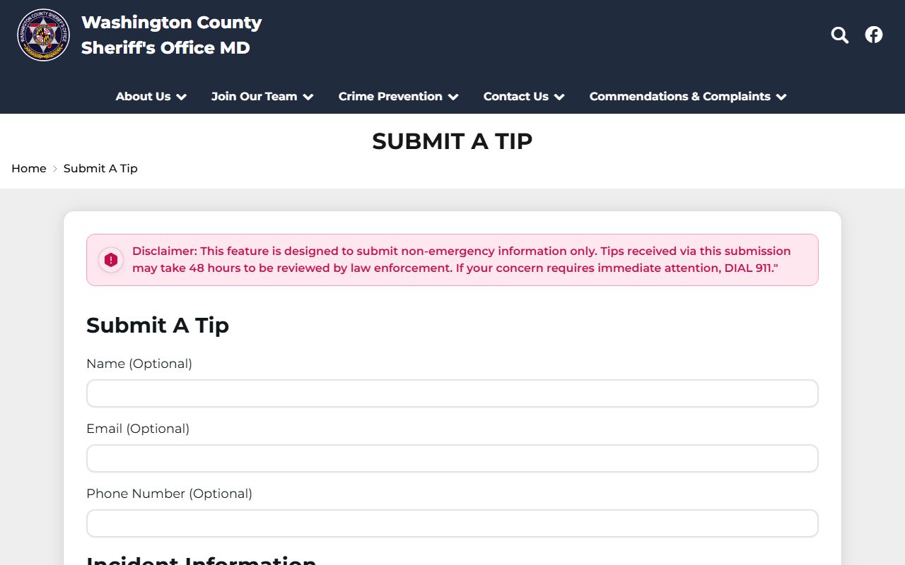 Washington County warrant records Sheriff submit a tip form